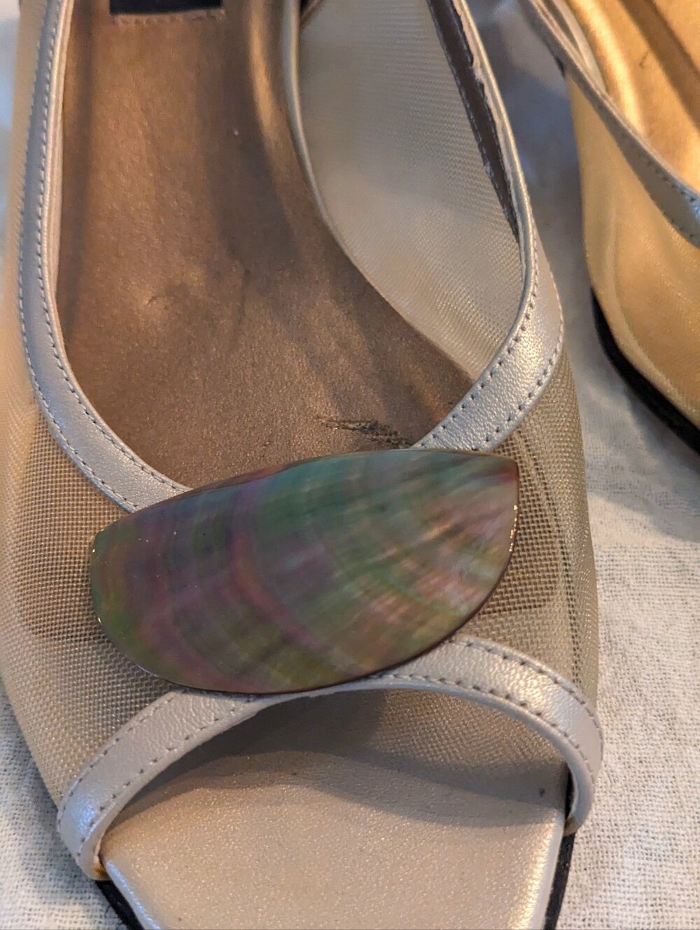 Vaneli Women's Golden Mesh Peep-Toe Heels with Iridescent Shell Accent